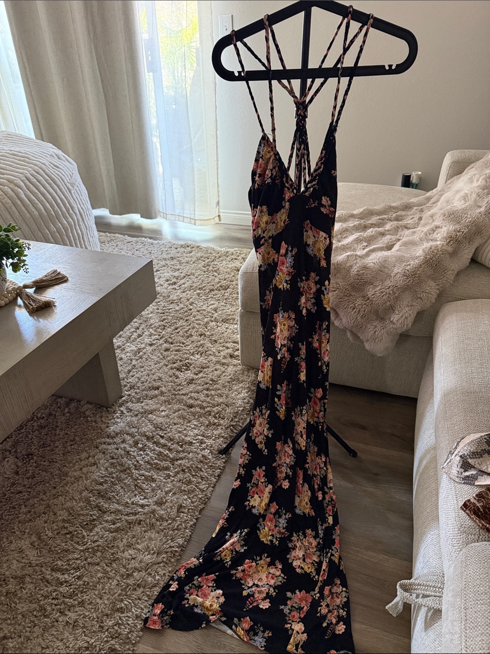 Women’s Black Floral Maxi Dress with Strappy Back